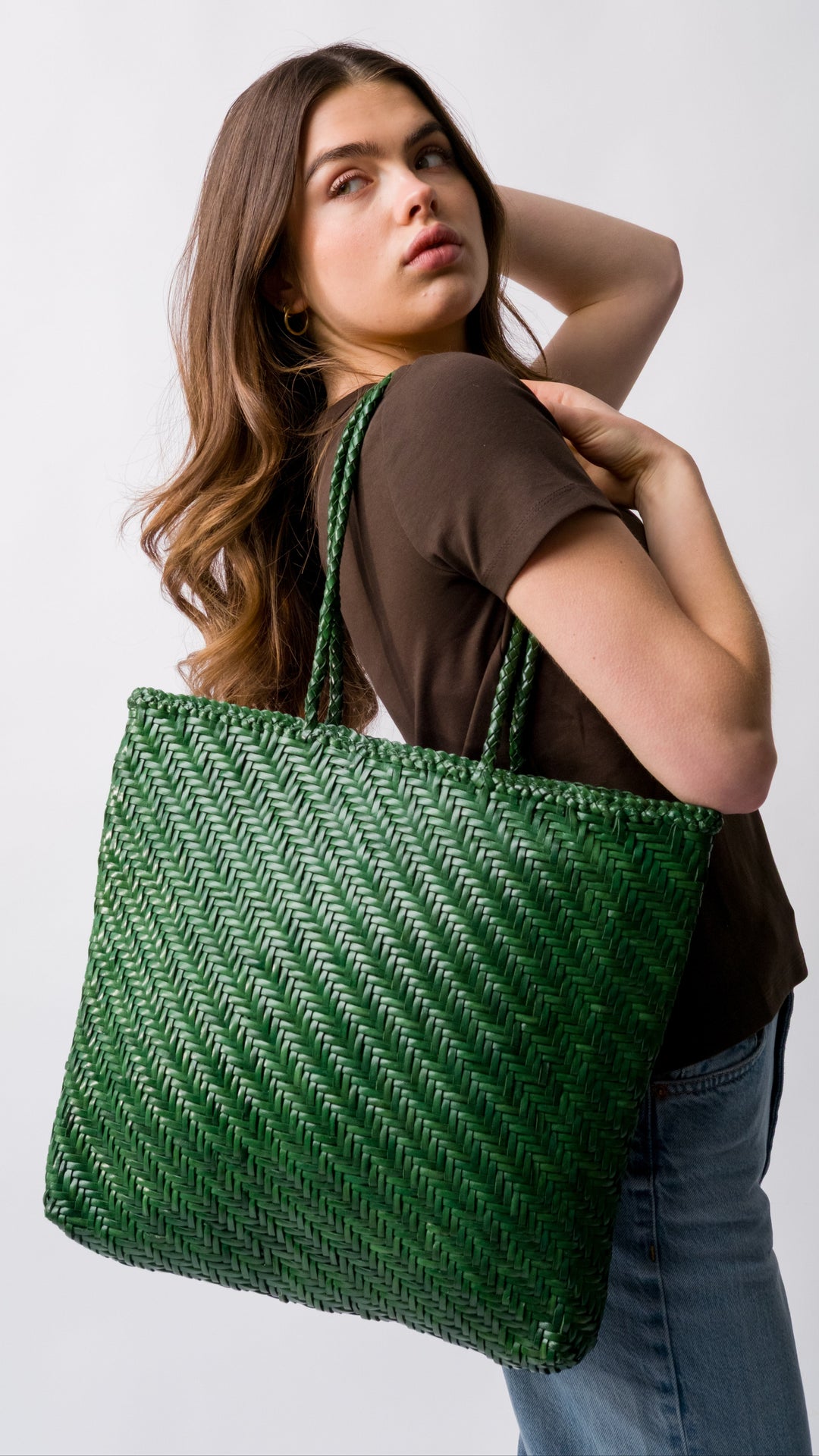 Rhia Large Leather Tote Emerald- with zipper