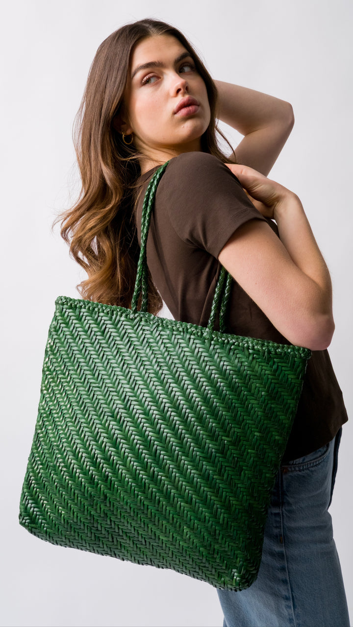 Rhia Large Leather Tote Emerald- with zipper