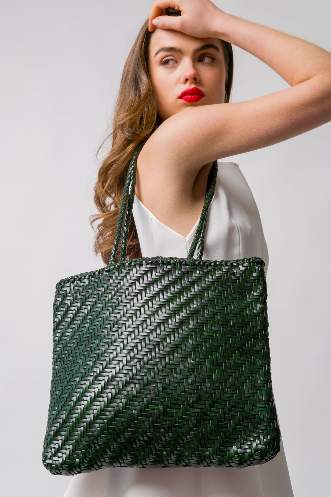 Slim Leather Tote Dark- with zipper Emerald