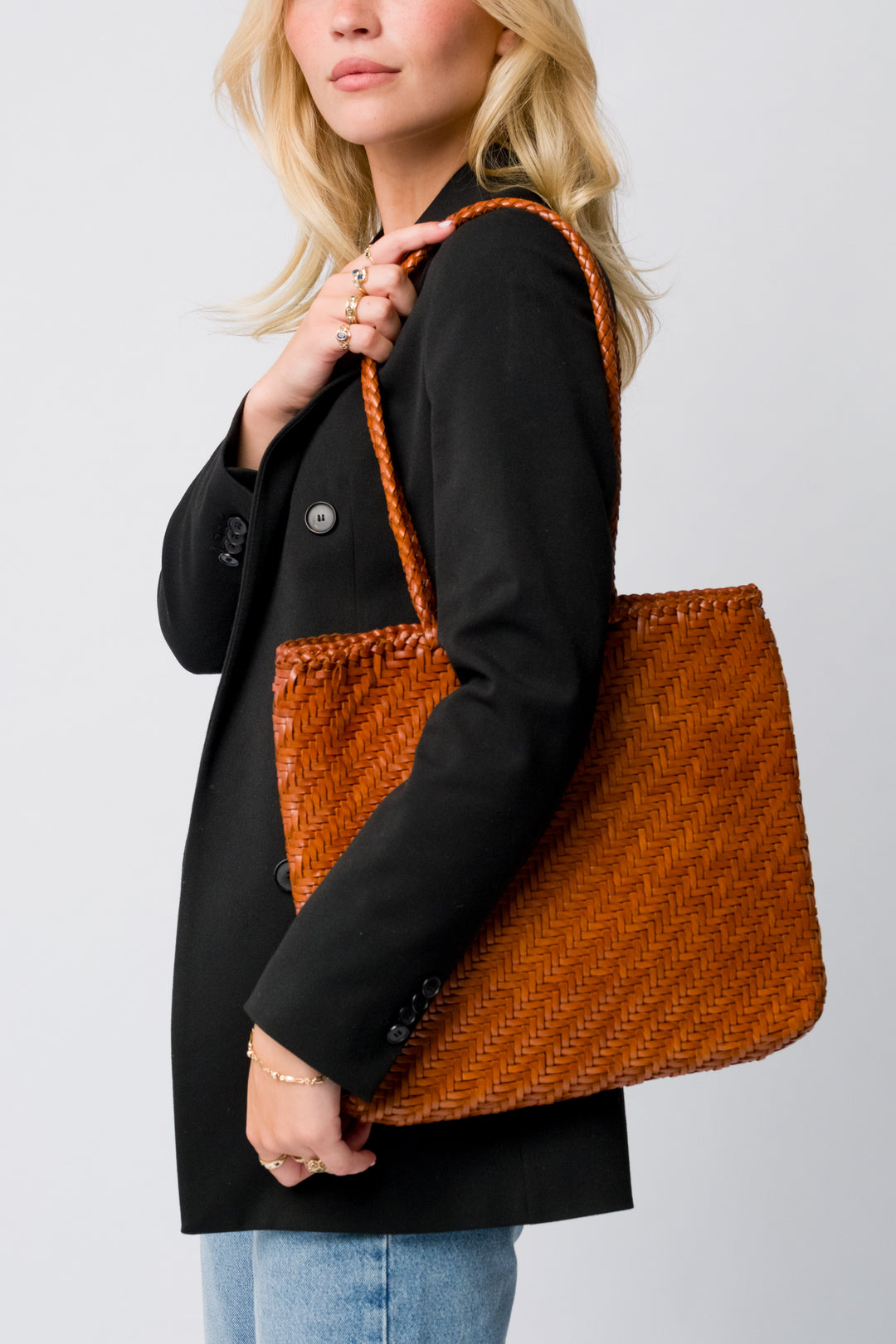 Woven Leather Tote Bag-Tan