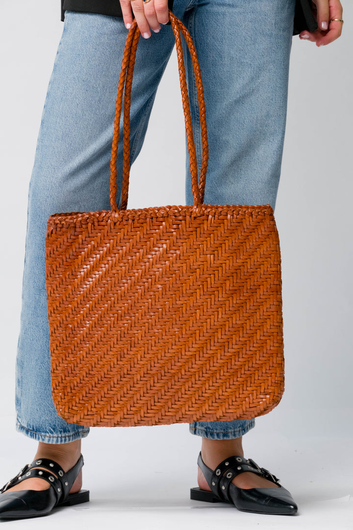 Woven Leather Tote Bag-Tan