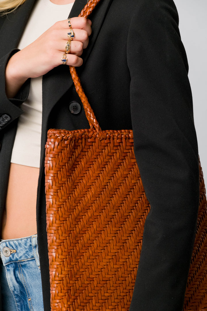 Woven Leather Tote Bag-Tan