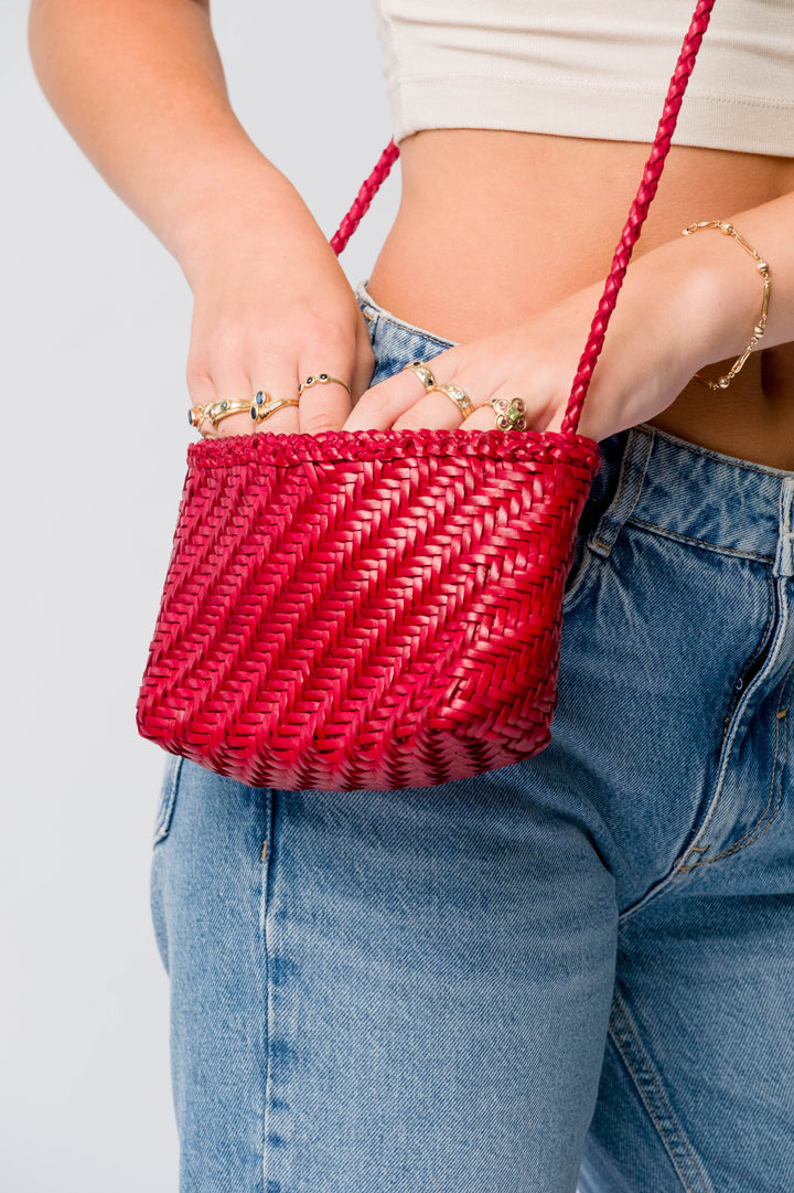 Woven Leather Crossbody Bag- Red