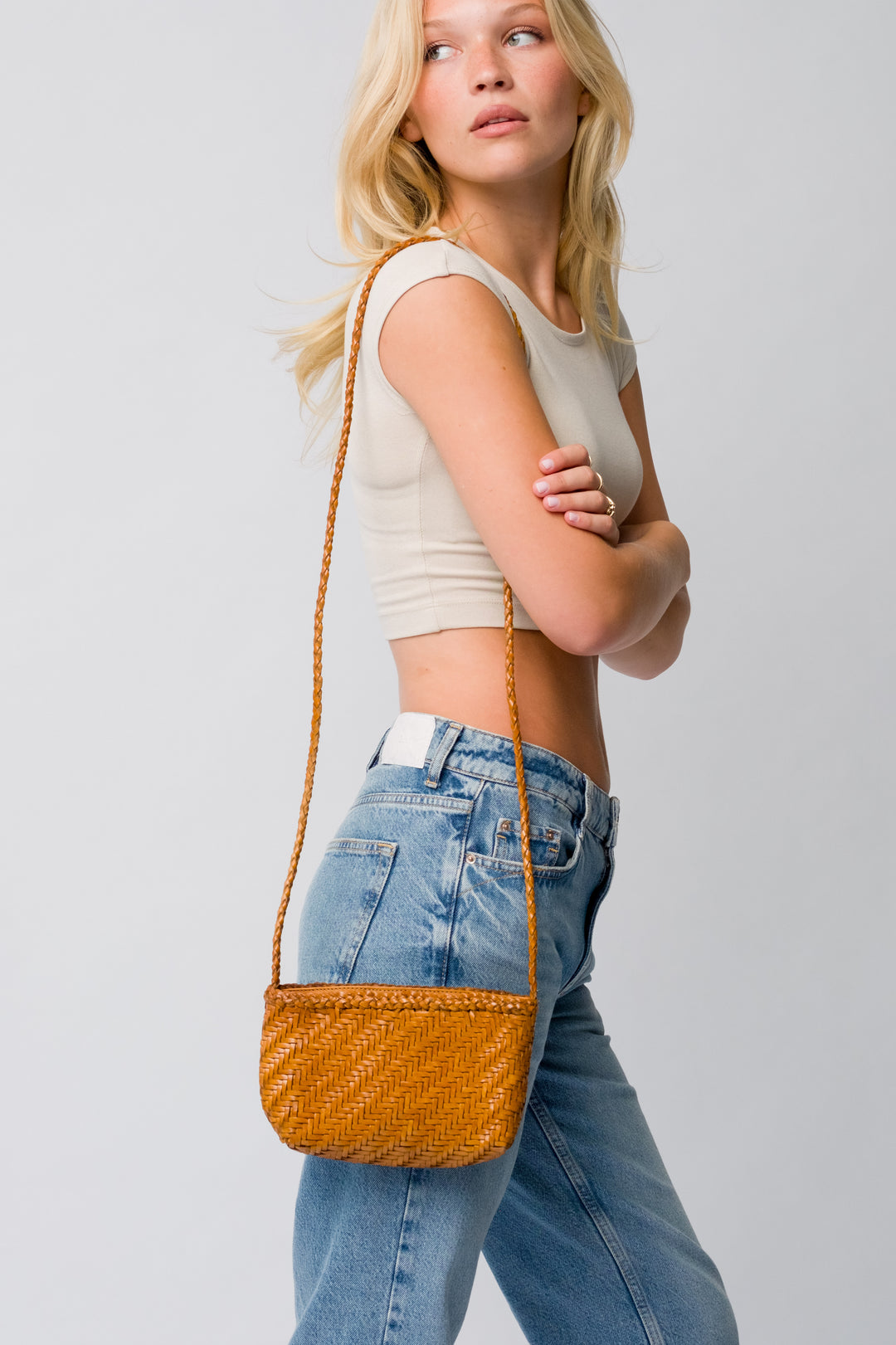 Woven Leather Crossbody Bag-Tan