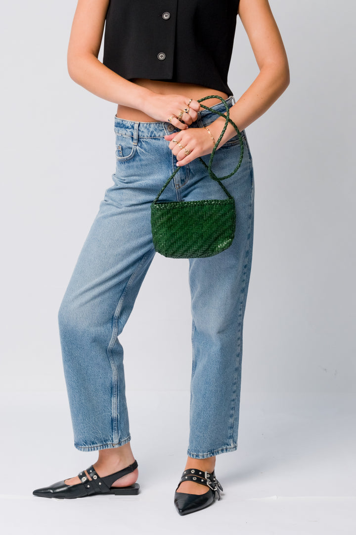 Woven Leather Crossbody Bag- Forest Green