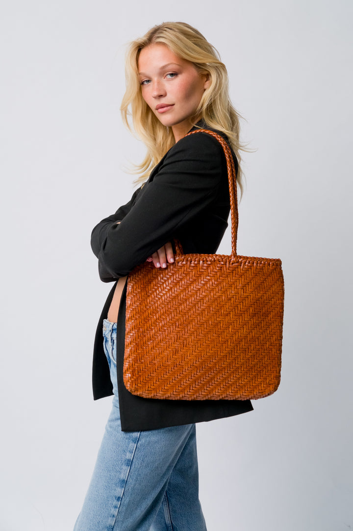 Woven Leather Tote Bag-Tan