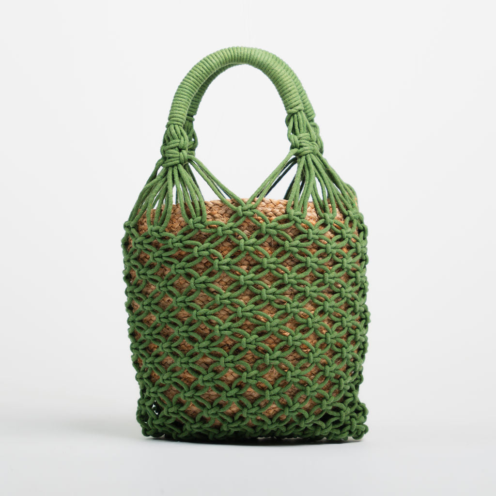 Jasmine Crochet Cotton & Jute Bucket Bag Green