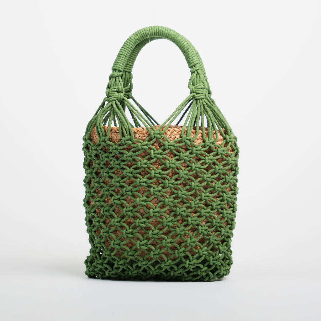 Jasmine Crochet Cotton & Jute Bucket Bag Green