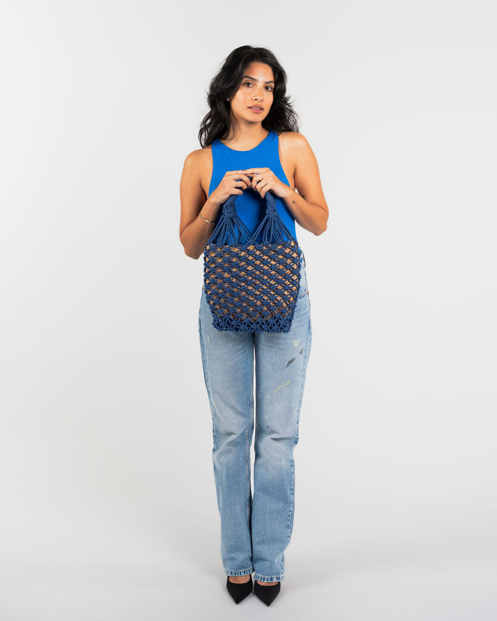 Jasmine Cotton Crochet & Jute Bag - Navy