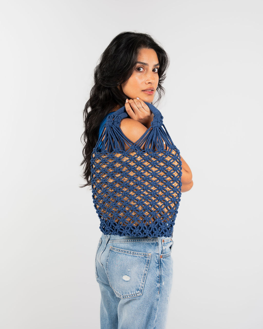 Jasmine Cotton Crochet & Jute Bag - Navy