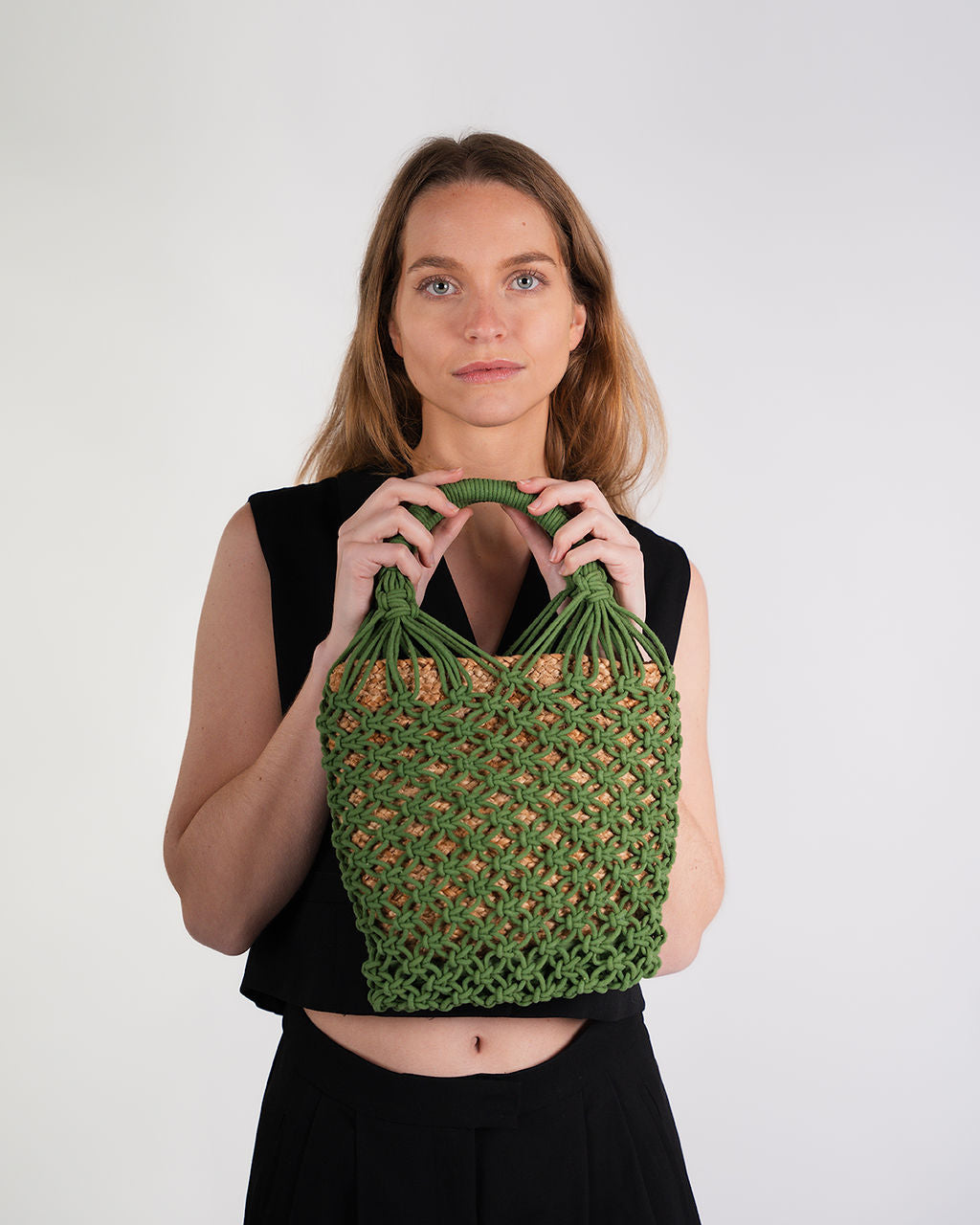 Jasmine Crochet Cotton & Jute Bucket Bag Green