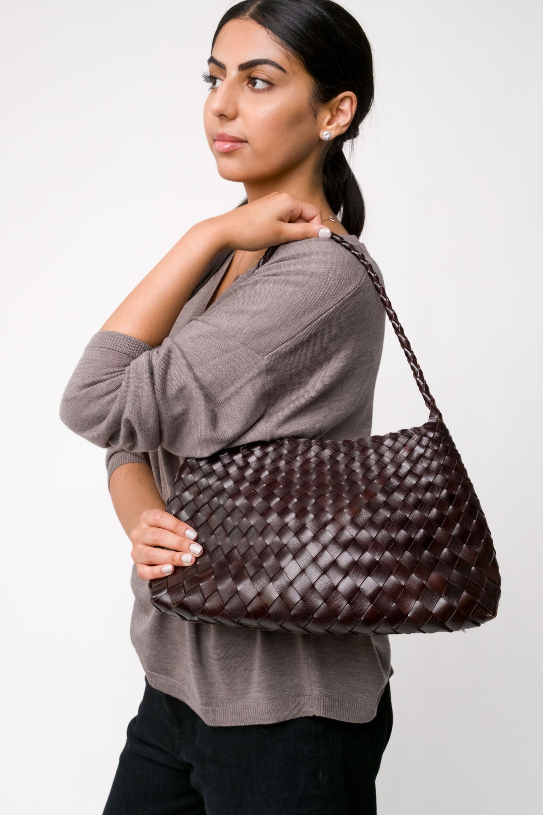 Selina Woven Shoulder Bag- Espresso