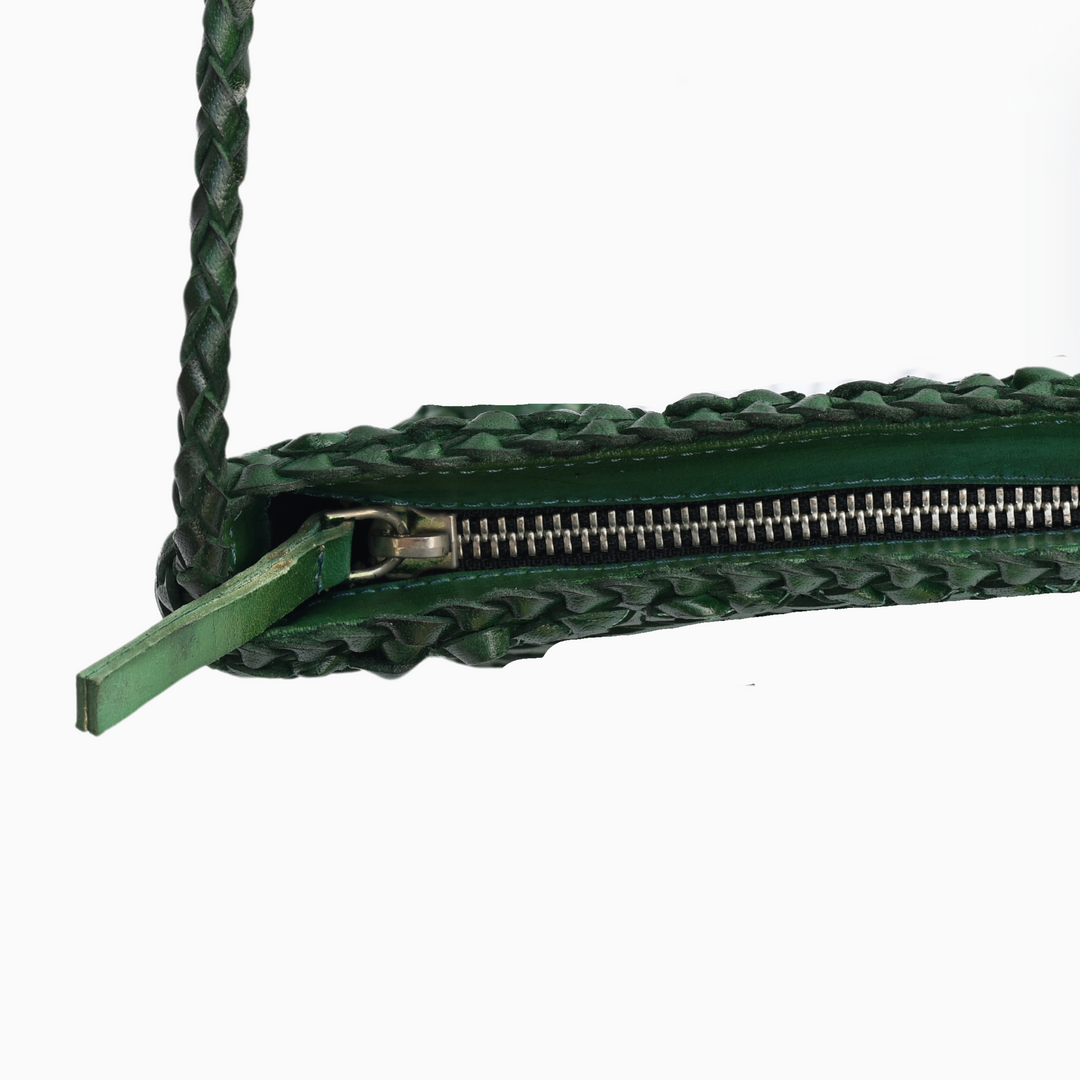 Woven Leather Crossbody Bag- Forest Green