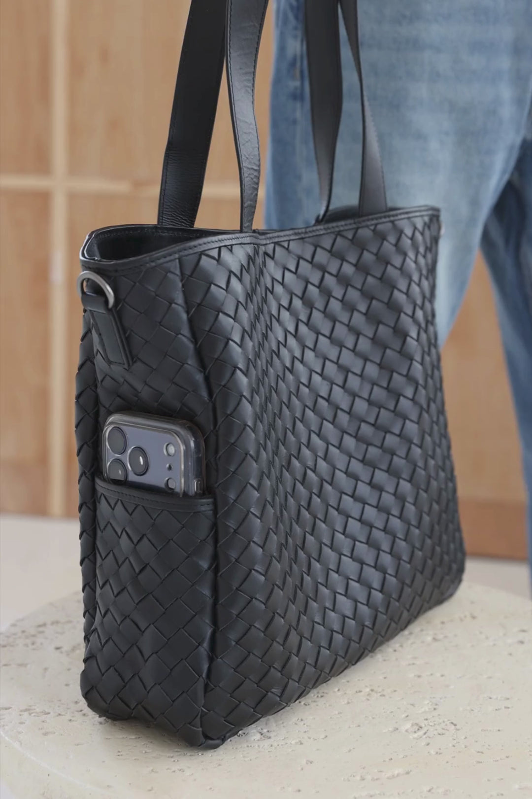 Nico Woven Leather Tote Black