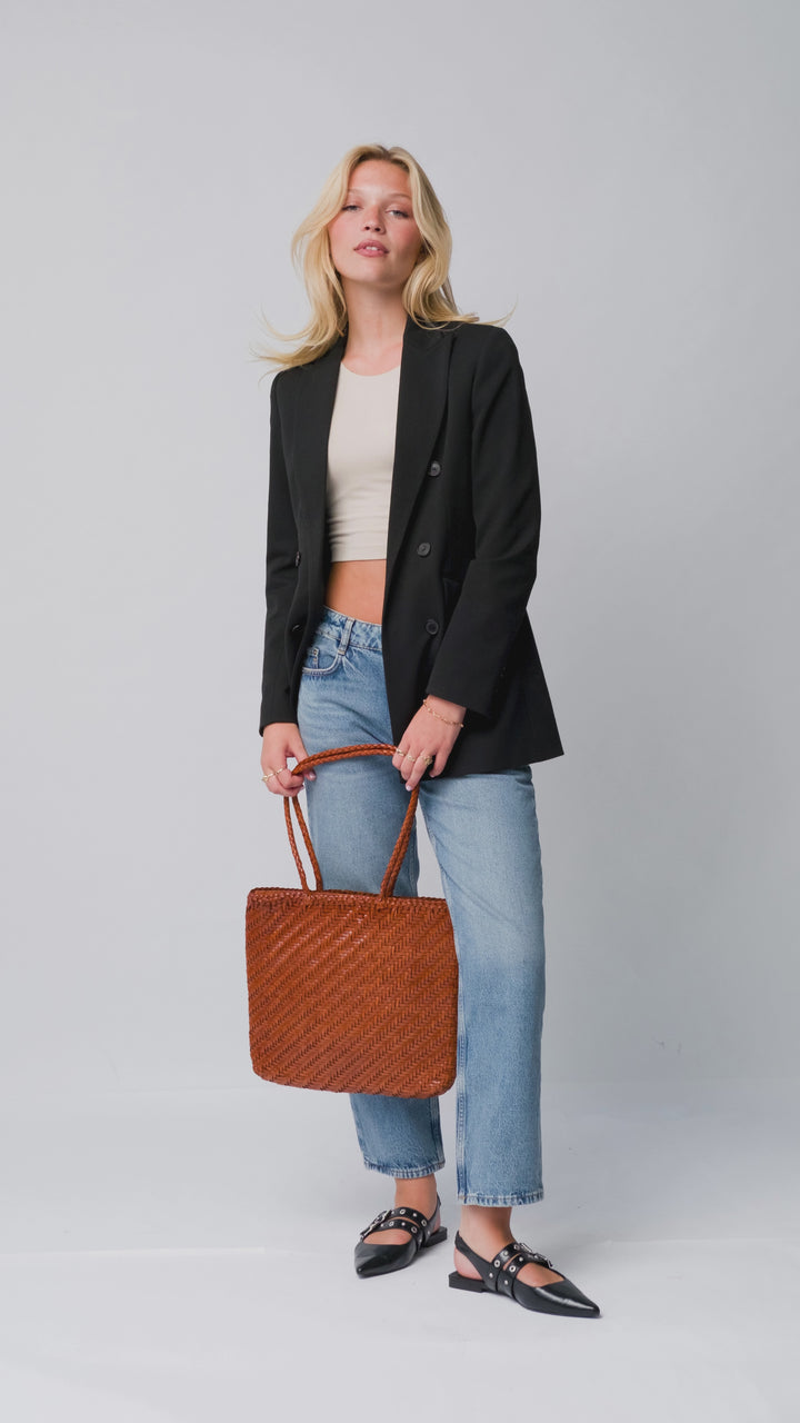 Woven Leather Tote Bag-Tan