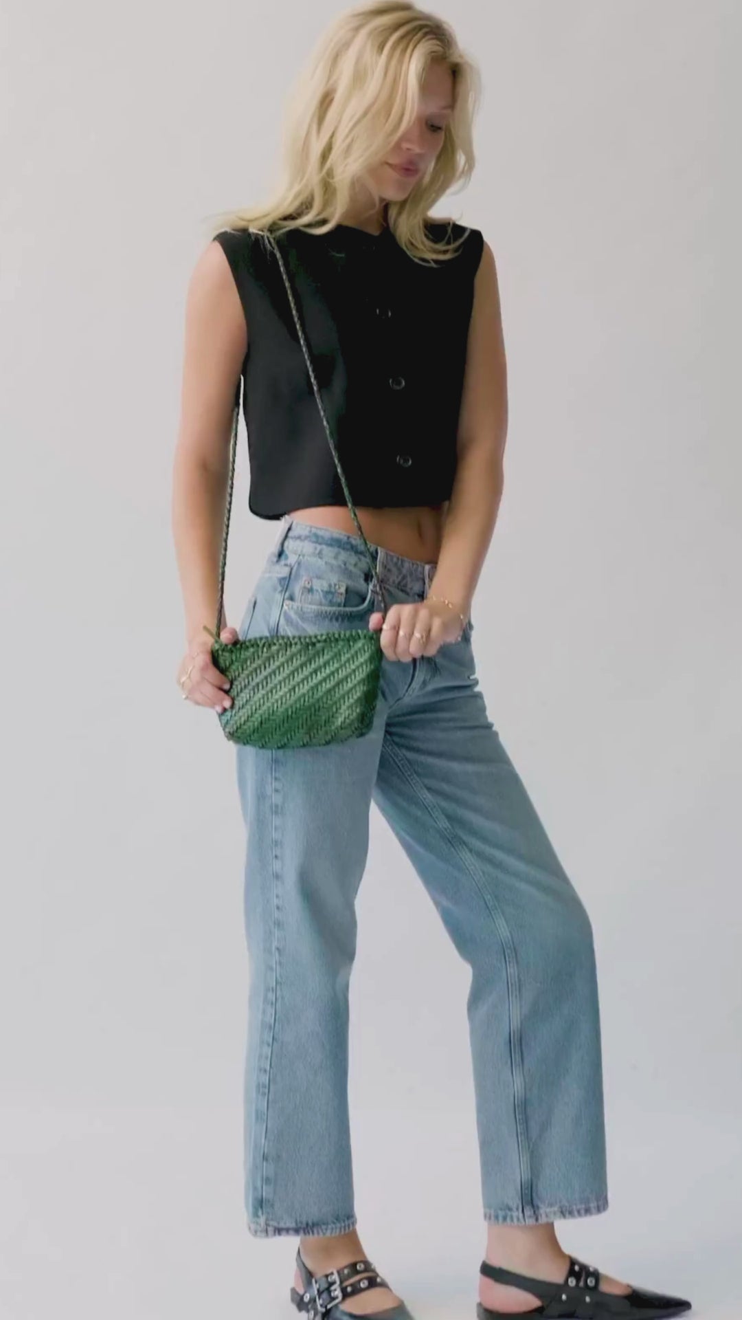 Woven Leather Crossbody Bag- Forest Green