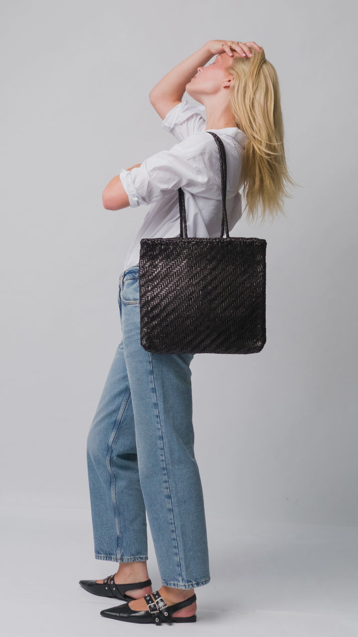 Woven Leather Tote Bag-Black